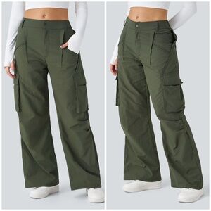 Halara Mid Rise Button Zipper Side Pocket Wide Leg Casual Cargo Pants in Green